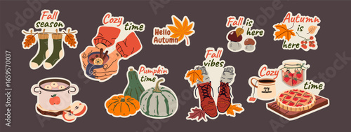 Autumn quotes stickers for sketchbooks, datebook notes. Fall vibes. Cute vector illustrations: mulled wine, jam, mushrooms, pumpkins, stewed fruit, apples, boots, and foliage, phrases. Isolated.