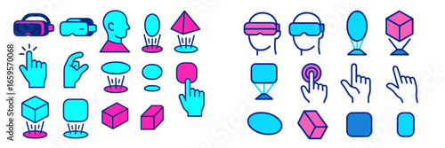 Vector illustration of hands interacting with virtual reality elements