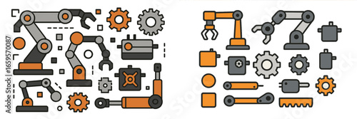 Industrial robot components and mechanical gears in vector style