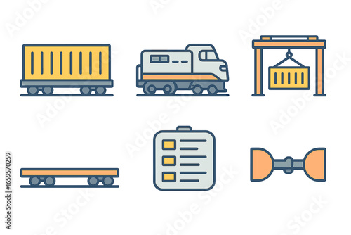 Vector illustration of train, cargo, and logistics equipment