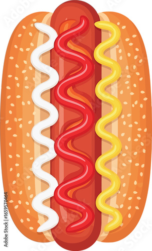 Delicious hot dog with ketchup mustard and mayonnaise classic american fast food treat vector