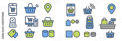 Vector illustration of shopping icons for online and offline retail
