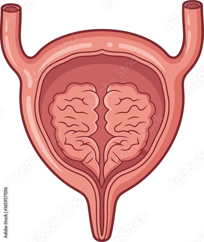 Anatomical illustration of the human bladder with detailed internal structure and ureters vector