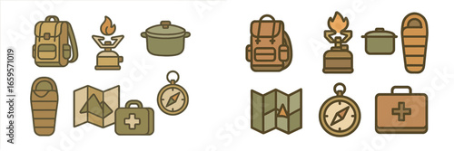 Essential camping gear including backpacks and cooking equipment