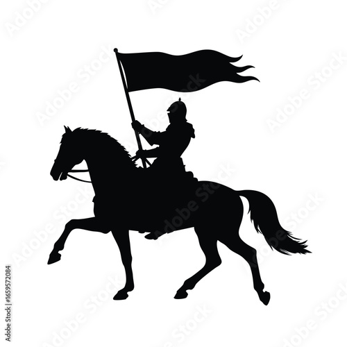 Silhouette of a Knight on Horseback Holding a Flag
