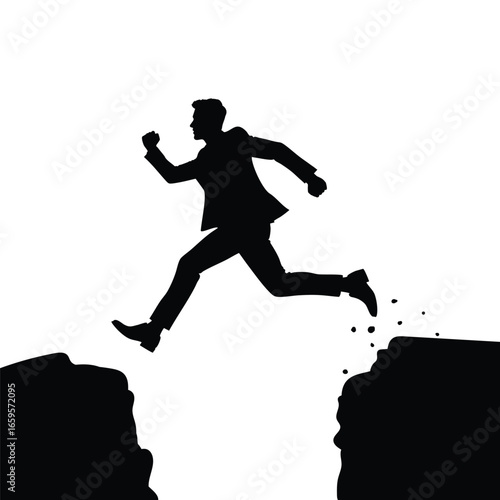 Businessman Silhouette Overcoming Obstacles with Determination and Boldness, Leaping Towards Success