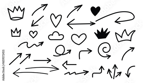 Hand drawn arrow set with crown, heart, cloud and underline. Brush stroke vector illustration.