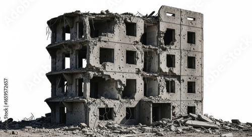 Ruined concrete building destroyed during conflict showing devastation and destruction isolated on white