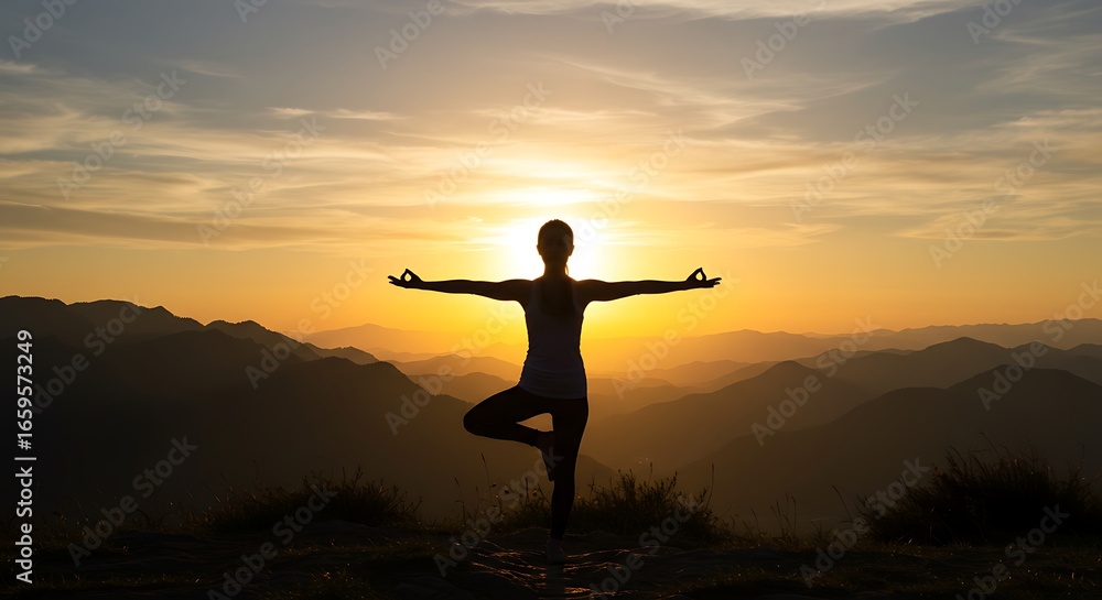 Fototapeta premium Silhouette Yoga at Sunrise: Mountain Serenity