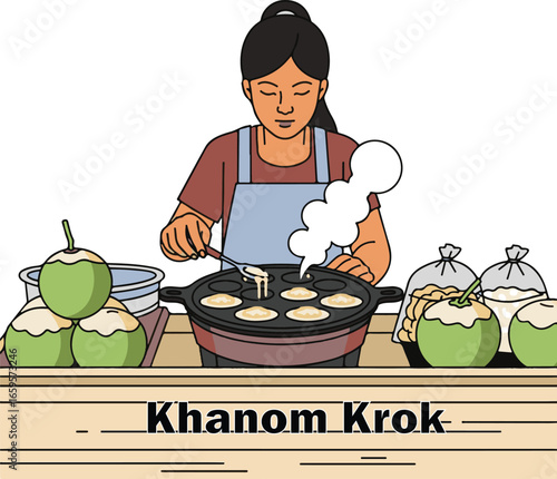 Khanom Krok Thai Coconut Pancakes Street Food Illustration