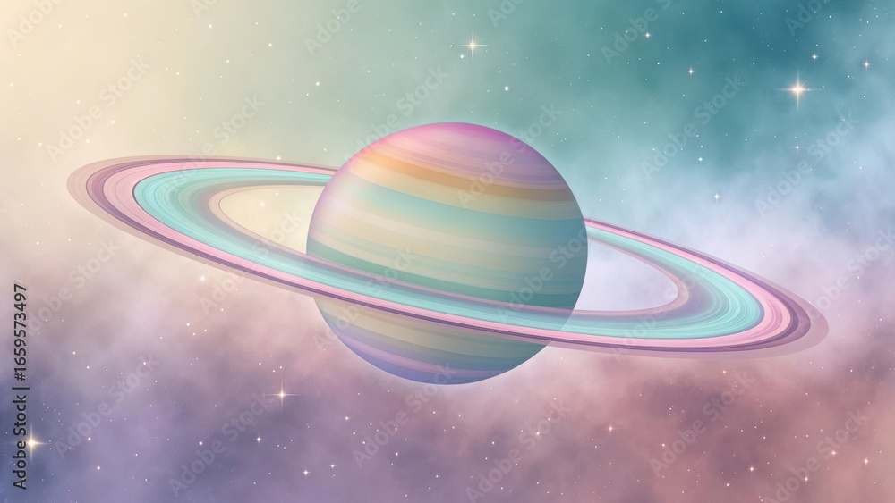 Fototapeta premium Whimsical pastel rainbow saturn planet with rings floating in a dreamy nebula sky