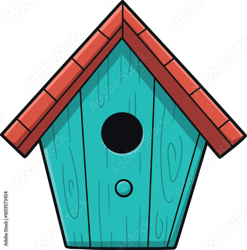 Charming teal wooden birdhouse with red roof featuring a round entrance and small perch for backyard avian visitors vector
