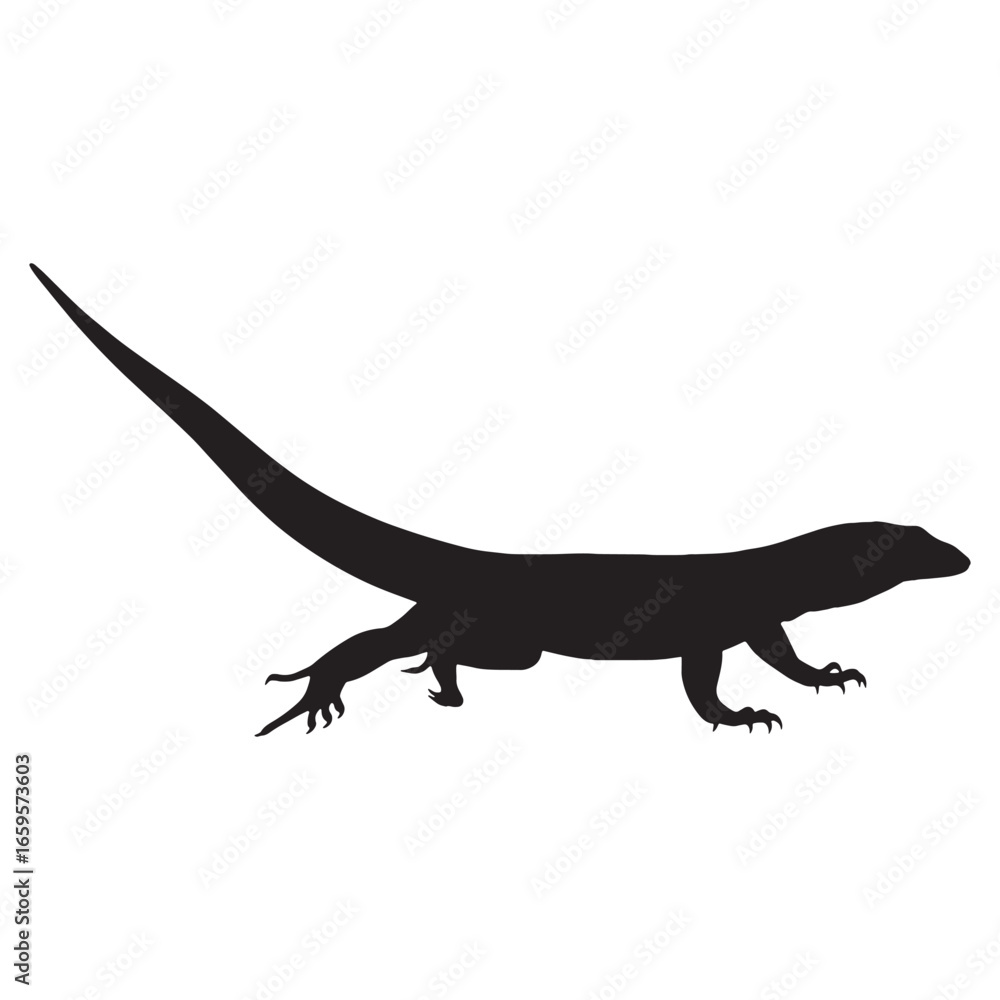 Obraz premium Refined Monitor Lizard Silhouette Depicting Long Forked Tongue – Monitor Lizard Vector Graphic – Monitor Lizard Illustration – Silhouette of Monitor Lizard – Reptile Silhouette