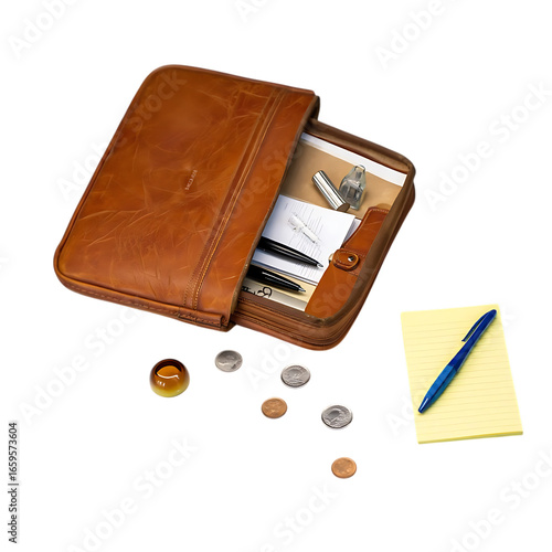 Open vintage brown leather portfolio with papers, pens, and coins scattered next to a yellow notepad.