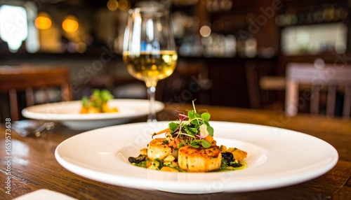 A beautifully plated seafood dish garnished with greens, served alongside a glass of white wine, set in a cozy dining atmosphere.