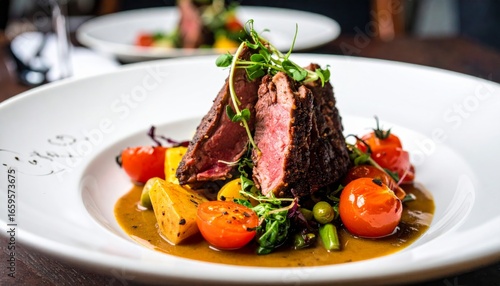 A beautifully plated dish featuring tender meat, vibrant vegetables, and garnishes, showcasing culinary artistry.