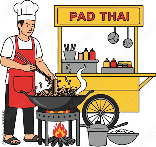 Illustration of a Pad Thai street food vendor cooking noodles in a wok with a cart and ingredients.