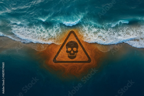 Polluted Ocean with Hazard Symbol, Environmental Warning Concept