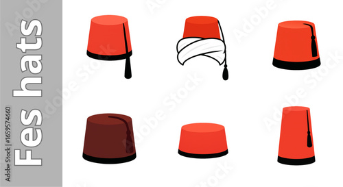 Fes hats in various styles and colors displayed on white background  