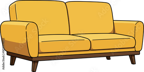 Cozy modern yellow sofa with plush cushions and elegant wooden legs perfect for living rooms vector