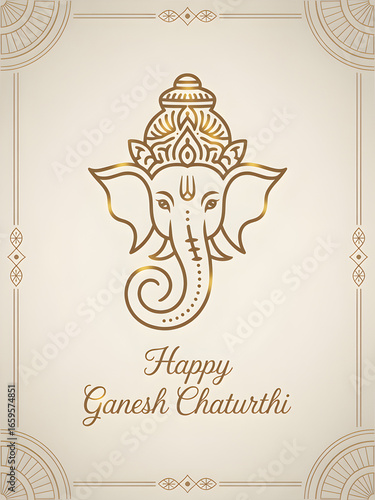 Elegant Golden Elephant Art for Festive Occasion with Decorative Border for Ganesh Chaturthi Lord Ganesha Bappa Moya