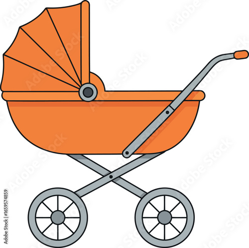 Classic orange baby stroller carriage with canopy and wheels for newborns and infants transport vector