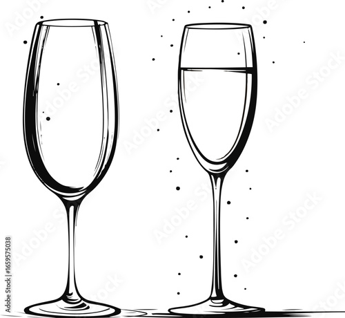 Black and white hand-drawn champagne glass vector, bold smooth ink line art, minimal doodle style, abstract New Year celebration silhouette, professional high-quality vector illustration
