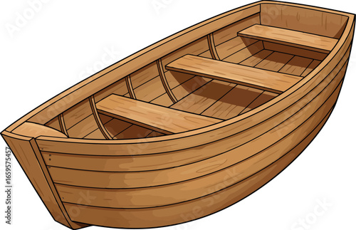 A detailed wooden rowing boat with multiple seats ideal for lake or river excursions vector