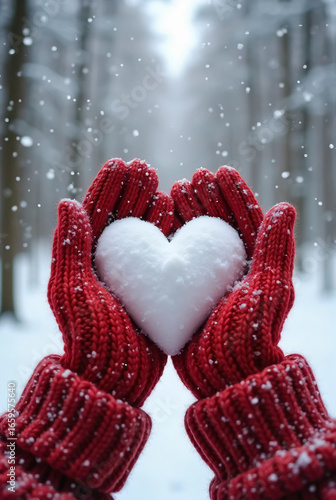 A single red heart, a symbol of love and romance, rests in the cold winter snow, perfect for a Valentine's Day or holiday celebration