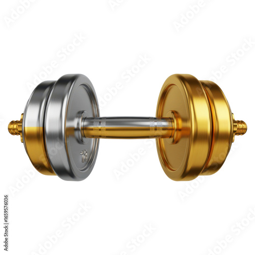 Gold and Silver Dumbbell: Fitness, Strength, Weightlifting Equipment isolated on transparent background