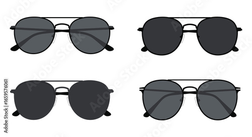 Four pairs of aviator style sunglasses with different shades of lenses