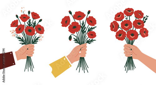 Hands holding bouquets of red poppies in different colored sleeves