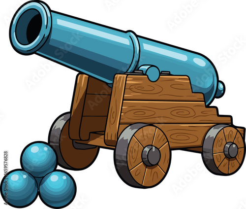 Historical naval cannon with cannonballs ready for action maritime warfare artillery device vector