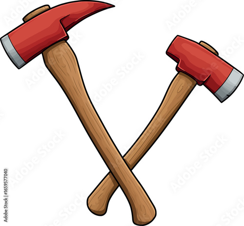 Two crossed firefighter axes red metal heads wooden handles emblem of courage and emergency services symbol vector
