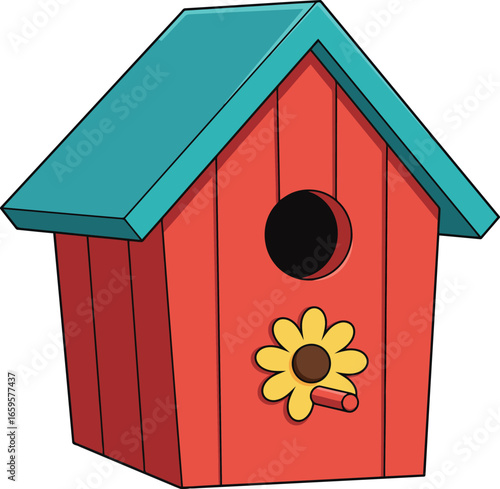 Charming red and teal birdhouse adorned with a sunflower detail offering a cozy haven for birds vector