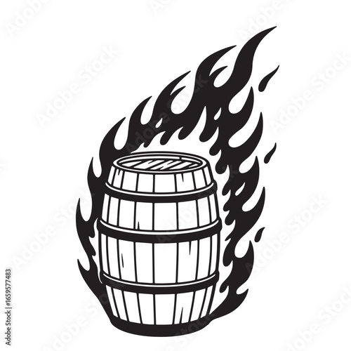 Vintage wooden barrel surrounded by flames a classic graphic design in black and white