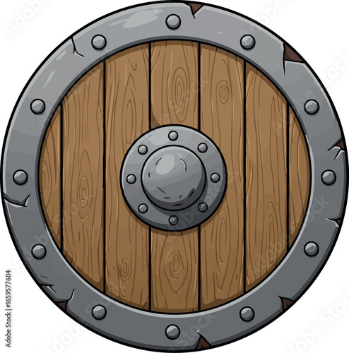 Rustic medieval viking wooden shield with metal studs and central boss for historical combat protection vector
