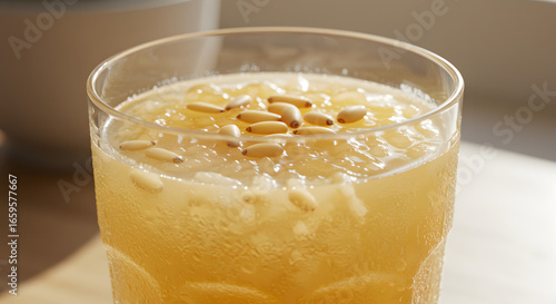 Chilled Korean Drink with Pine Nuts Garnish