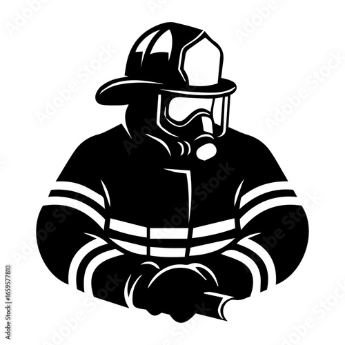 A close-up graphic of a firefighter's upper body, featuring a helmet, mask, and hands holding a fire hose, ready to work