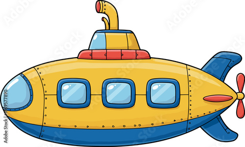 Bright yellow submarine with blue hull and red accents navigating underwater ocean depths vector