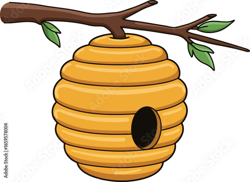 A charming cartoon beehive hangs from a tree branch with green leaves symbolizing nature and beekeeping vector