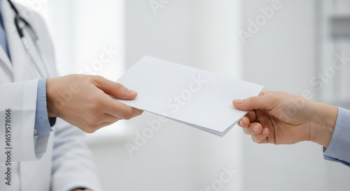 Medical Professional Handing Document to Patient in Clinic Setting