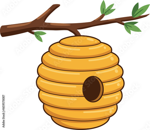 Whimsical honeycomb hive hanging from a tree branch with green leaves a sweet nature scene vector
