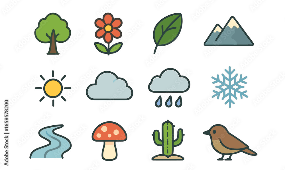 Fototapeta premium Nature icons collection: tree, flower, leaf, mountain, sun, cloud, snowflake, river, mushroom, cactus, bird, fish, turtle, butterfly