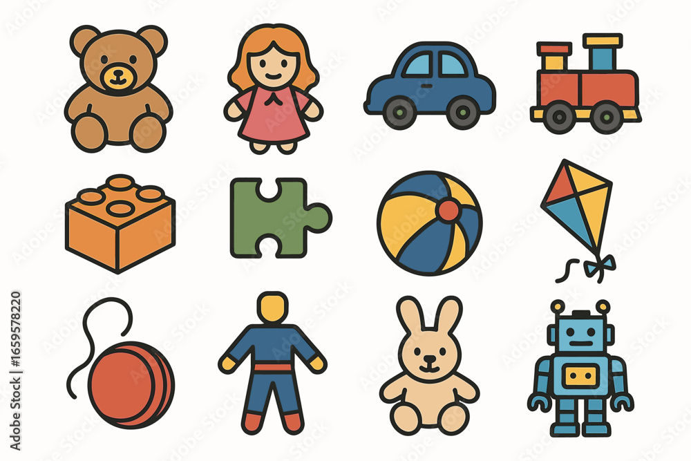 Fototapeta premium Colorful cartoon toys collection featuring teddy bear, train, puzzle, and robot
