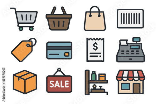 Shopping icons set including cart, basket, barcode, tag, card, receipt, register, box, sale sign