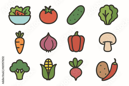 Wallpaper Mural Colorful vegetable icons: tomato, carrot, broccoli, and more illustrated Torontodigital.ca