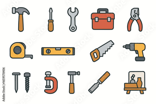 Colorful icon set of common hand and power tools