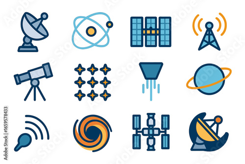 Space exploration icons: telescope, satellite, antenna, atom, planet, stars, spiral, radar dish