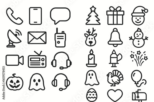 Icon set featuring christmas, halloween, and communication symbols